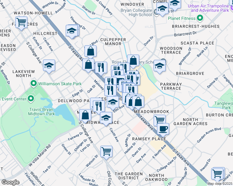 map of restaurants, bars, coffee shops, grocery stores, and more near 3007 South Texas Avenue in Bryan