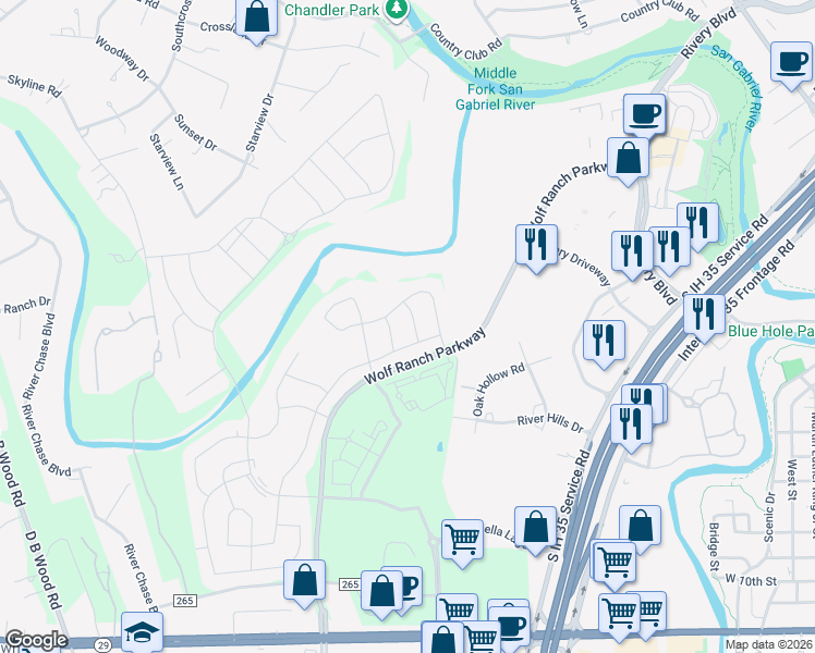 map of restaurants, bars, coffee shops, grocery stores, and more near 116 Indian Paintbrush Trail in Georgetown