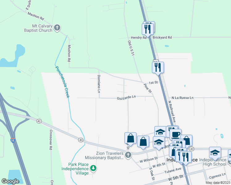 map of restaurants, bars, coffee shops, grocery stores, and more near 104 Freedom Circle in Independence