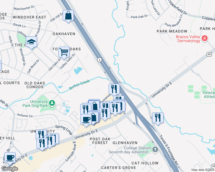 map of restaurants, bars, coffee shops, grocery stores, and more near 504 Earl Rudder Freeway in College Station