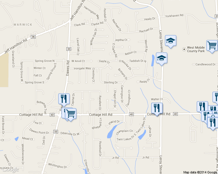 map of restaurants, bars, coffee shops, grocery stores, and more near 2315 Abbington Dr in Mobile