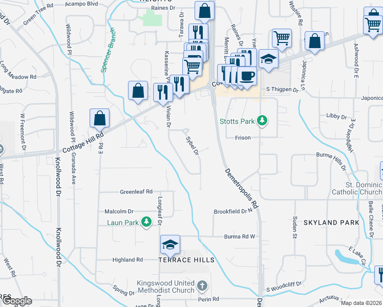 map of restaurants, bars, coffee shops, grocery stores, and more near 2300 Sybel Drive in Mobile