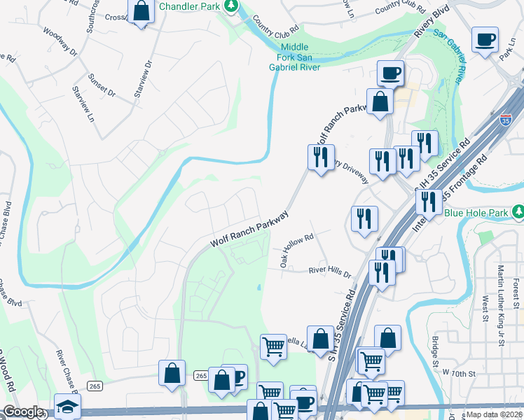 map of restaurants, bars, coffee shops, grocery stores, and more near 1008 River Vista Road in Georgetown