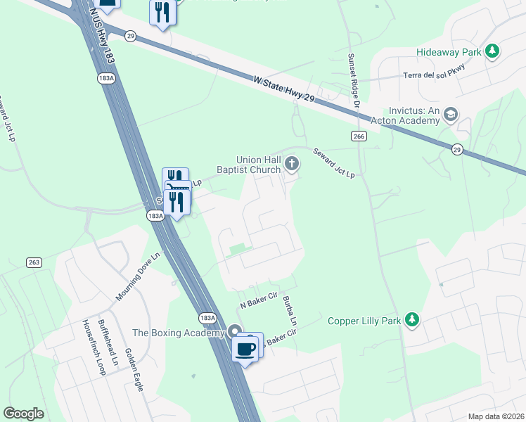 map of restaurants, bars, coffee shops, grocery stores, and more near 105 Parryi Cove in Leander