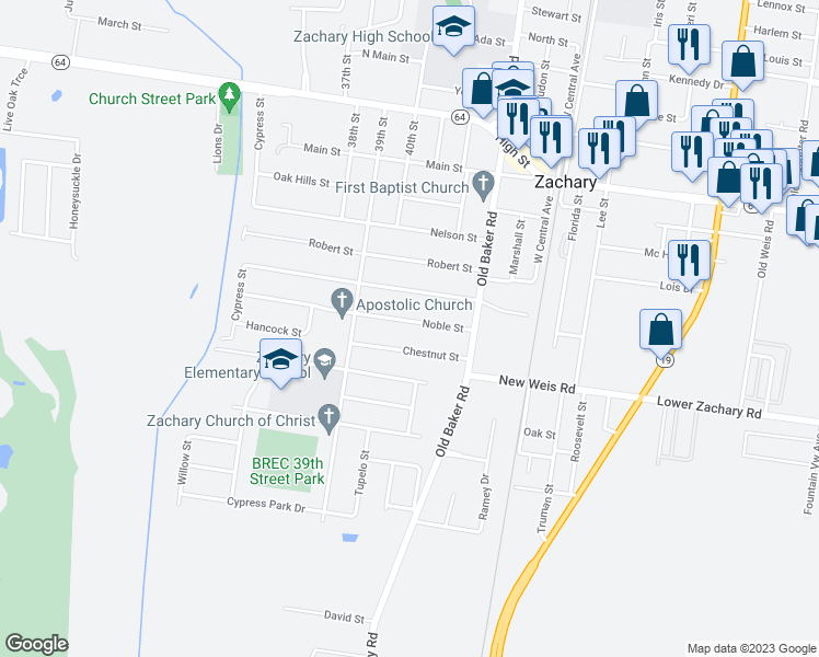map of restaurants, bars, coffee shops, grocery stores, and more near 4050 Noble Street in Zachary