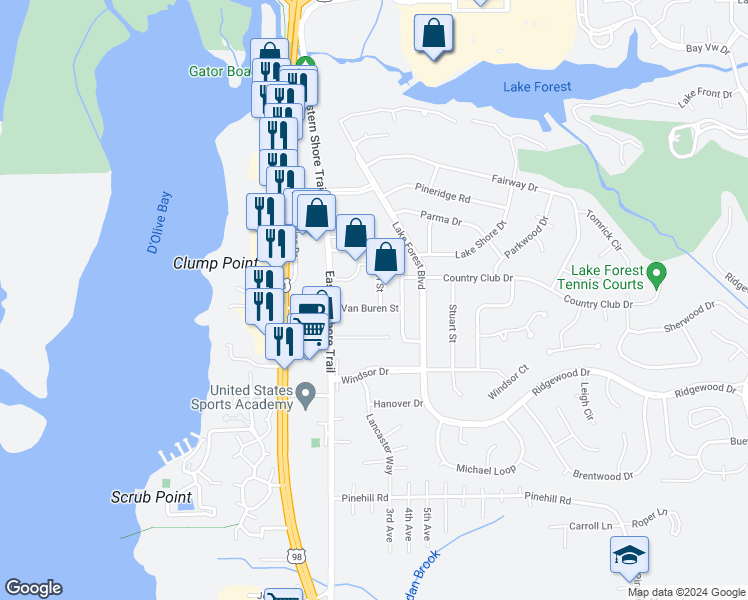 map of restaurants, bars, coffee shops, grocery stores, and more near 151 Van Buren Street in Daphne