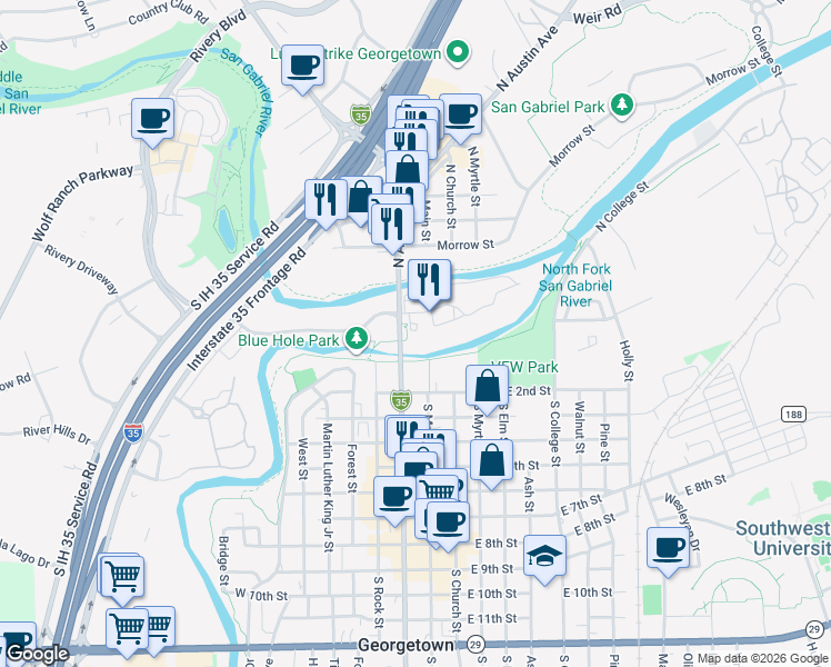map of restaurants, bars, coffee shops, grocery stores, and more near 103 North Austin Avenue in Georgetown