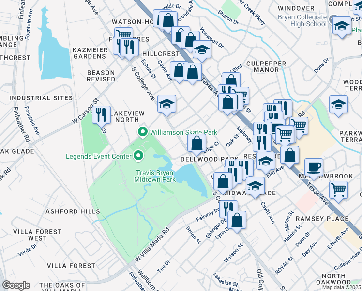 map of restaurants, bars, coffee shops, grocery stores, and more near 2612 South College Avenue in Bryan
