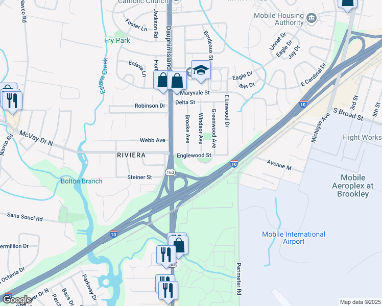 map of restaurants, bars, coffee shops, grocery stores, and more near 1415 Brooke Avenue in Mobile