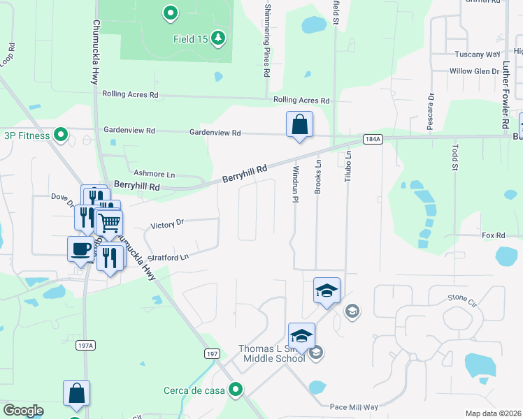 map of restaurants, bars, coffee shops, grocery stores, and more near 5690 Berrybrook Circle in Pace