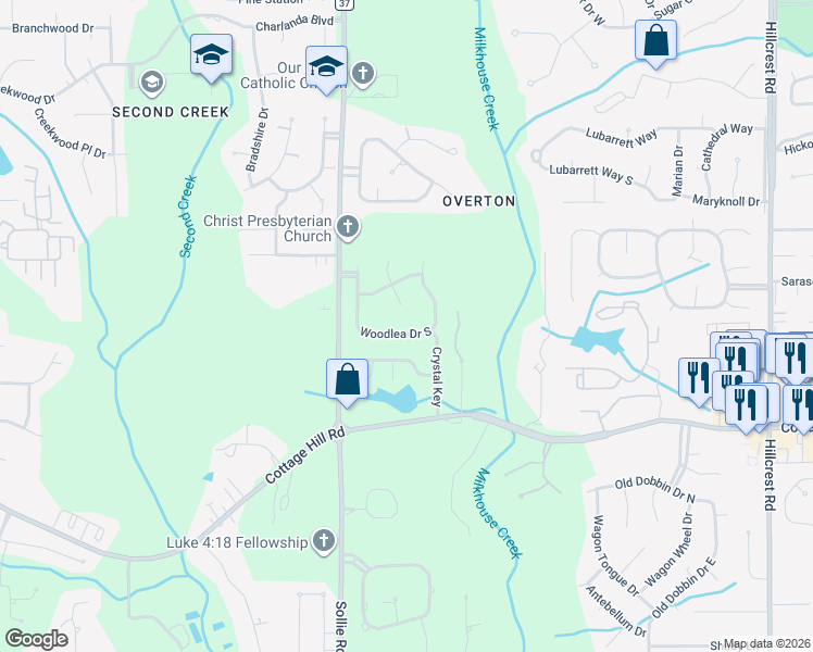 map of restaurants, bars, coffee shops, grocery stores, and more near 7012 Woodlea Drive South in Mobile
