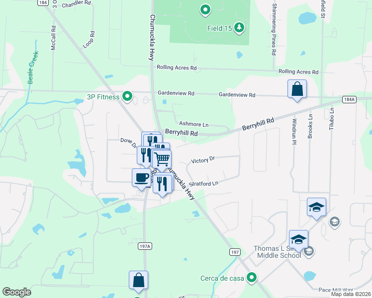 map of restaurants, bars, coffee shops, grocery stores, and more near 3437 Berryhill Road in Pace