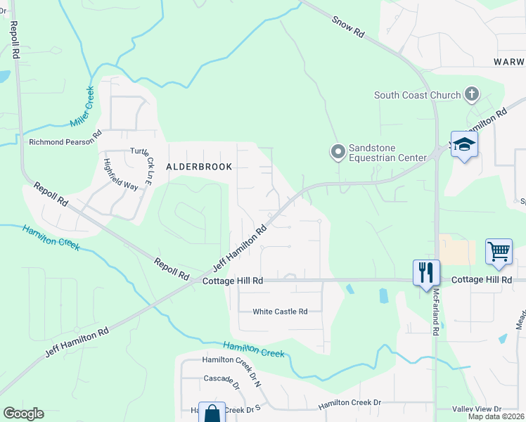 map of restaurants, bars, coffee shops, grocery stores, and more near 9560 Jeff Hamilton Road in Mobile