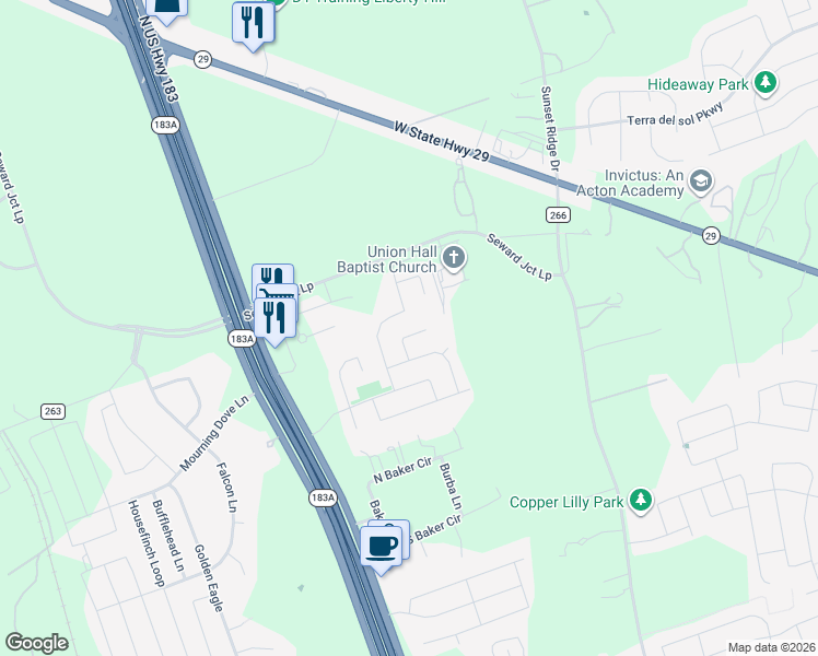 map of restaurants, bars, coffee shops, grocery stores, and more near 105 Parryi Cove in Leander