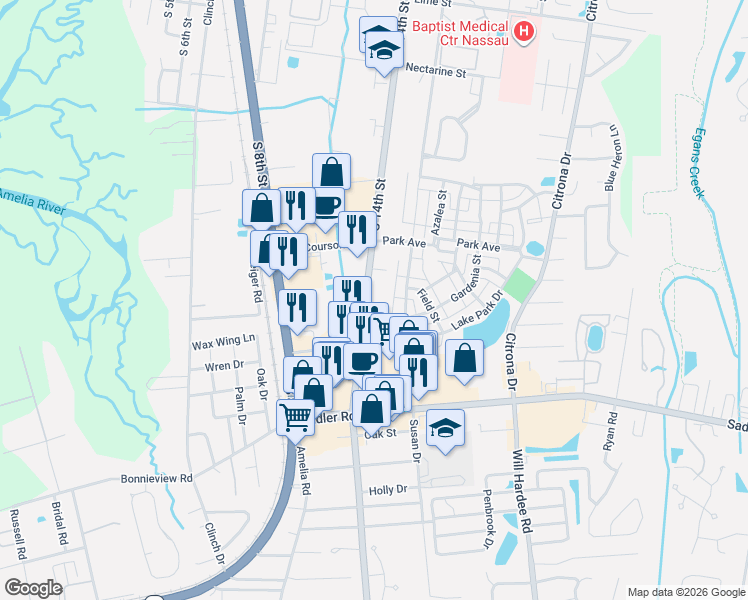 map of restaurants, bars, coffee shops, grocery stores, and more near 1890 South 14th Street in Fernandina Beach