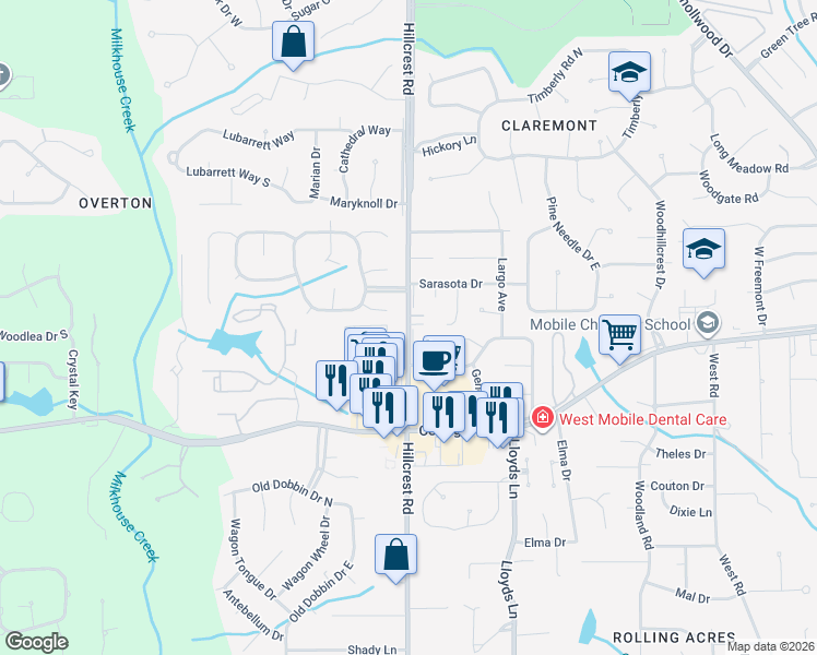 map of restaurants, bars, coffee shops, grocery stores, and more near 2030 Hillcrest Road in Mobile