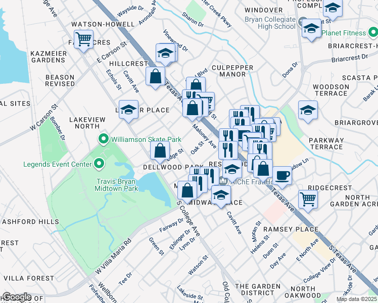 map of restaurants, bars, coffee shops, grocery stores, and more near 403 Oak Street in Bryan