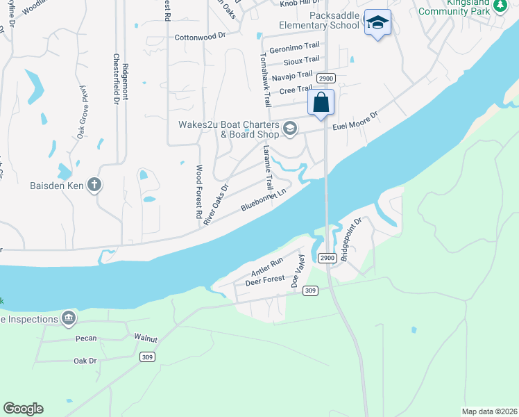 map of restaurants, bars, coffee shops, grocery stores, and more near 1720 Bluebonnet Lane in Kingsland