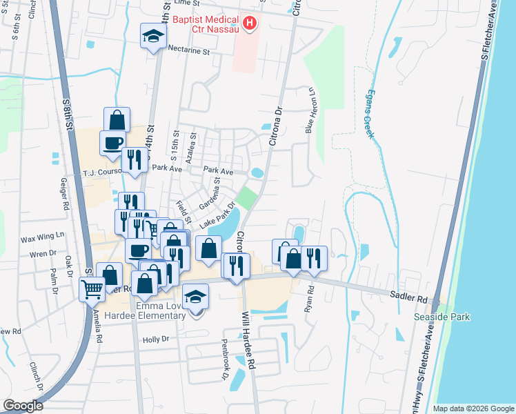 map of restaurants, bars, coffee shops, grocery stores, and more near 2106 Jekyll Court in Fernandina Beach