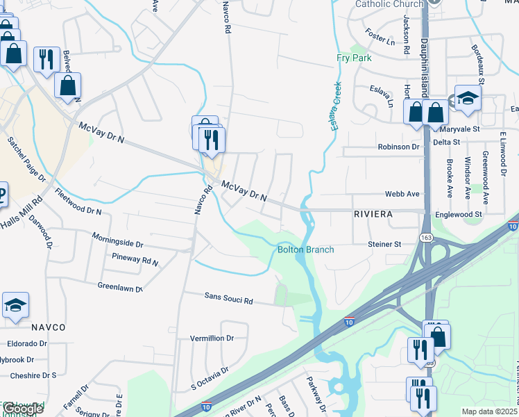 map of restaurants, bars, coffee shops, grocery stores, and more near 2350 S Riviera Dr in Mobile