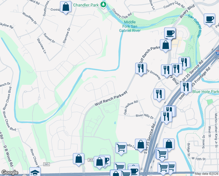map of restaurants, bars, coffee shops, grocery stores, and more near 116 Indian Paintbrush Trail in Andice