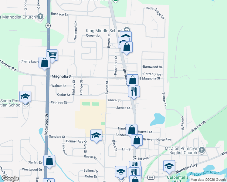 map of restaurants, bars, coffee shops, grocery stores, and more near 6613 Cedar Street in Milton