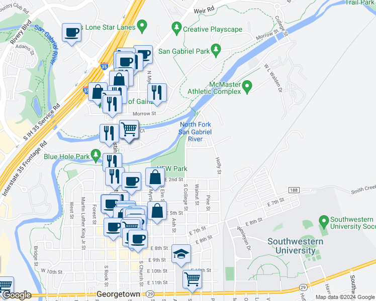 map of restaurants, bars, coffee shops, grocery stores, and more near 1002 Brendon Lee Lane in Georgetown
