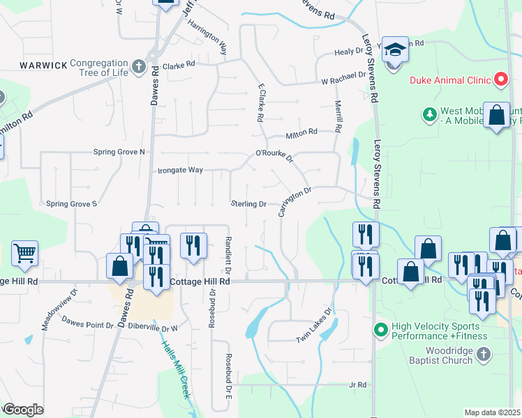 map of restaurants, bars, coffee shops, grocery stores, and more near 2315 Abbington Drive in Mobile