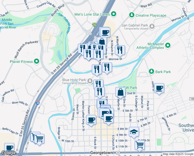 map of restaurants, bars, coffee shops, grocery stores, and more near 201 San Gabriel Village Boulevard in Georgetown