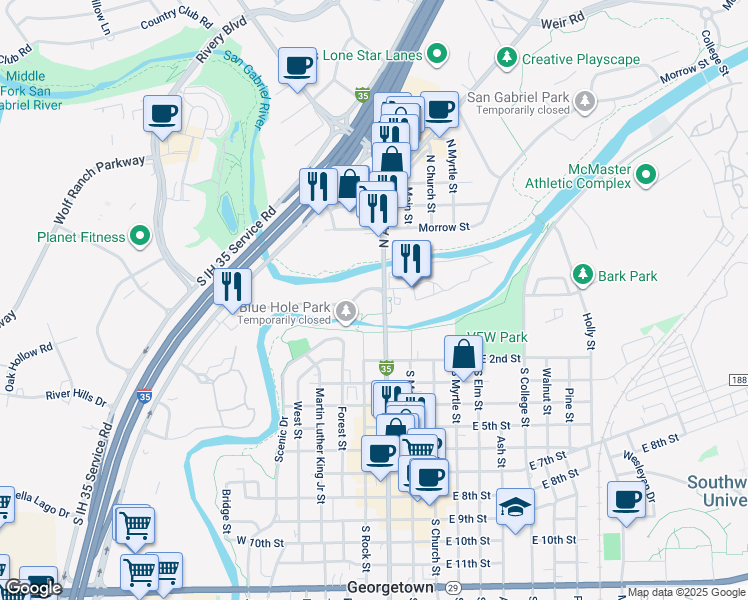 map of restaurants, bars, coffee shops, grocery stores, and more near 201 San Gabriel Village Boulevard in Georgetown