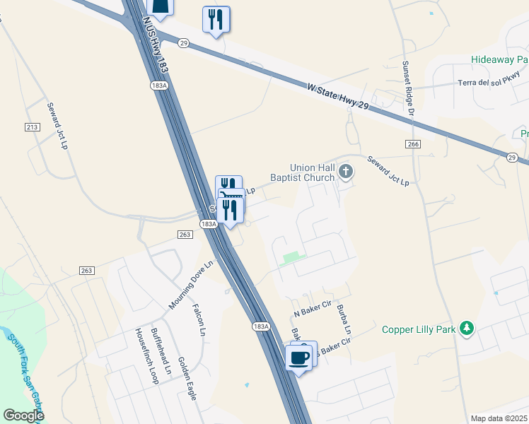 map of restaurants, bars, coffee shops, grocery stores, and more near 277 Deserti Road in Leander