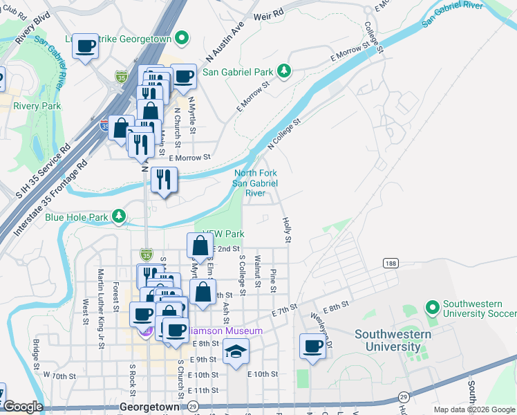 map of restaurants, bars, coffee shops, grocery stores, and more near 1128 Brendon Lee Lane in Georgetown