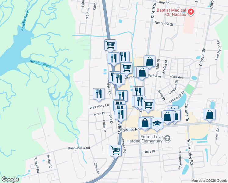 map of restaurants, bars, coffee shops, grocery stores, and more near 1853 S 8th St in Fernandina Beach