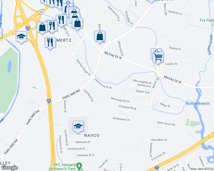 map of restaurants, bars, coffee shops, grocery stores, and more near 2564 Fleetwood Drive North in Mobile