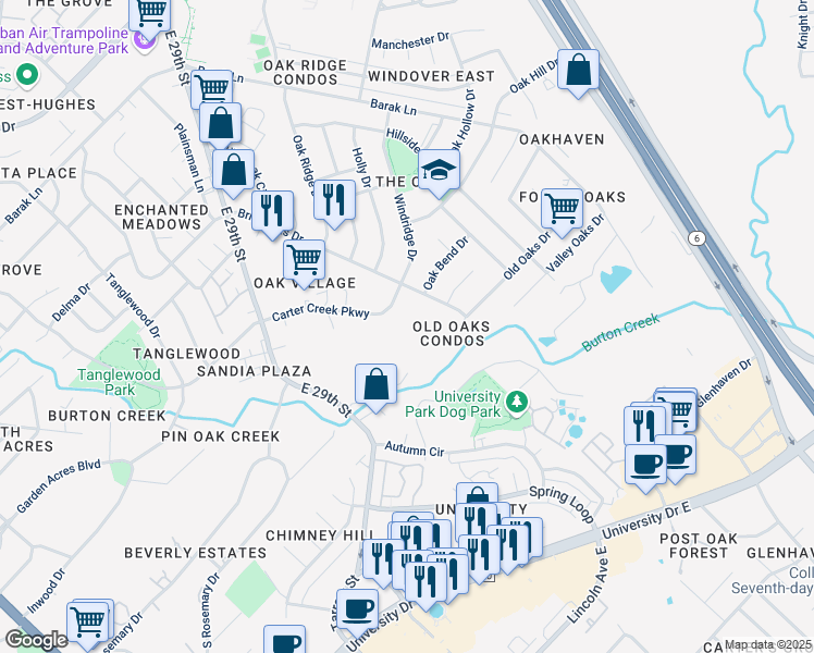 map of restaurants, bars, coffee shops, grocery stores, and more near 4475 Carter Creek Parkway in Bryan