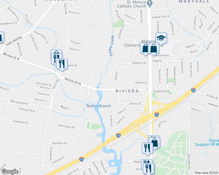 map of restaurants, bars, coffee shops, grocery stores, and more near 2212 McVay Drive North in Mobile