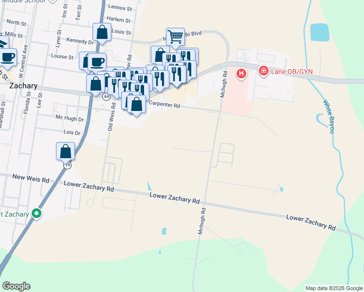 map of restaurants, bars, coffee shops, grocery stores, and more near 4160 Mchugh Road in Zachary