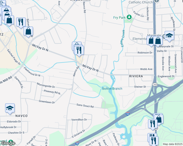 map of restaurants, bars, coffee shops, grocery stores, and more near 2360 South Riviera Drive in Mobile