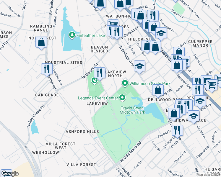 map of restaurants, bars, coffee shops, grocery stores, and more near 2303 Bomber Drive in Bryan