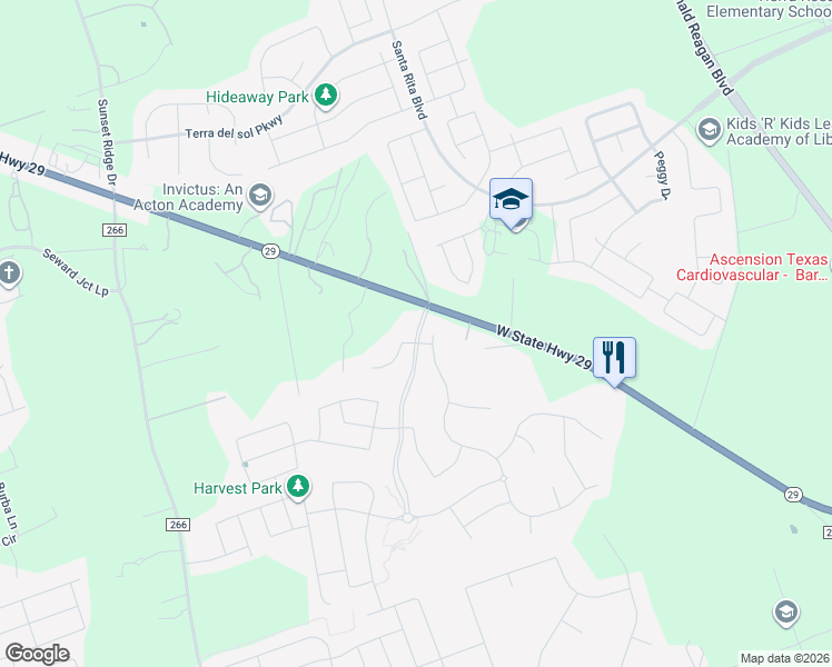 map of restaurants, bars, coffee shops, grocery stores, and more near 9651 Texas 29 in Georgetown