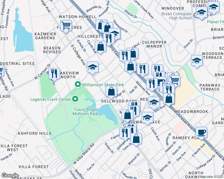 map of restaurants, bars, coffee shops, grocery stores, and more near 2706 Cliff Street in Bryan
