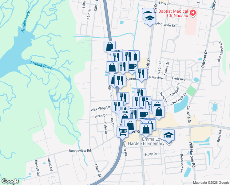 map of restaurants, bars, coffee shops, grocery stores, and more near 1853 South 8th Street in Fernandina Beach