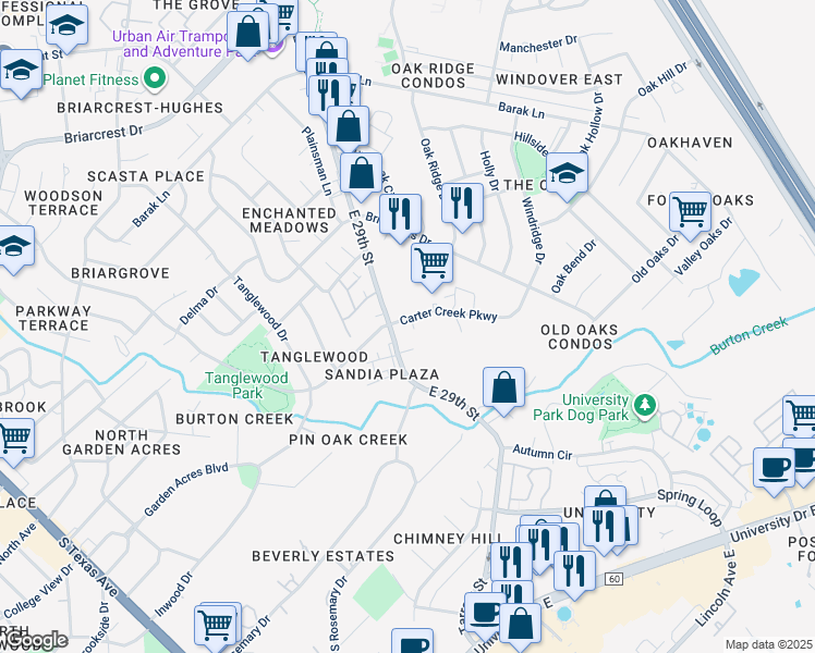 map of restaurants, bars, coffee shops, grocery stores, and more near 4301 Carter Creek Parkway in Bryan