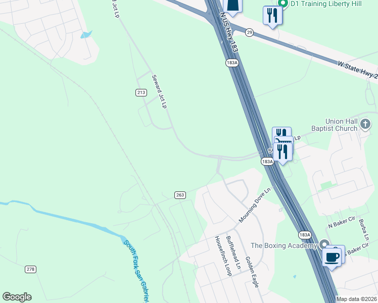 map of restaurants, bars, coffee shops, grocery stores, and more near 1201 Seward Junction Loop in Liberty Hill
