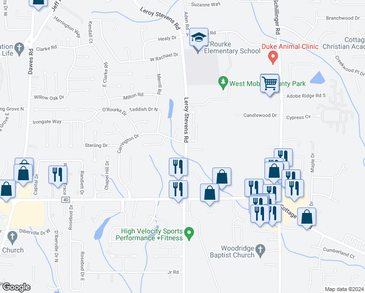 map of restaurants, bars, coffee shops, grocery stores, and more near 2141 Carrington Drive in Mobile