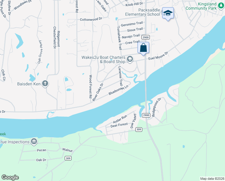 map of restaurants, bars, coffee shops, grocery stores, and more near 1720 Bluebonnet Lane in Kingsland