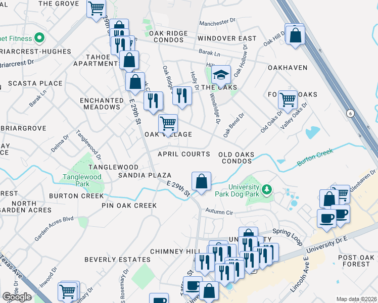 map of restaurants, bars, coffee shops, grocery stores, and more near 4455 Carter Creek Parkway in Bryan