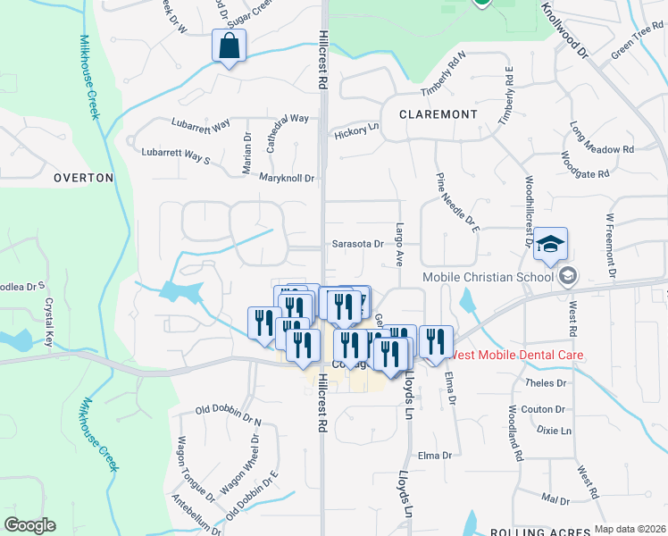 map of restaurants, bars, coffee shops, grocery stores, and more near 2016-2030 Hillcrest Rd in Mobile