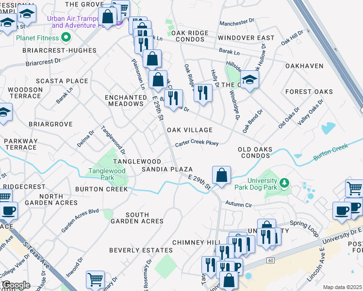 map of restaurants, bars, coffee shops, grocery stores, and more near 4345 Carter Creek Parkway in Bryan