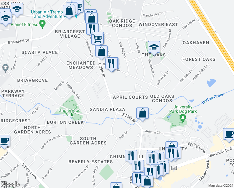 map of restaurants, bars, coffee shops, grocery stores, and more near 4301 Carter Creek Parkway in Bryan